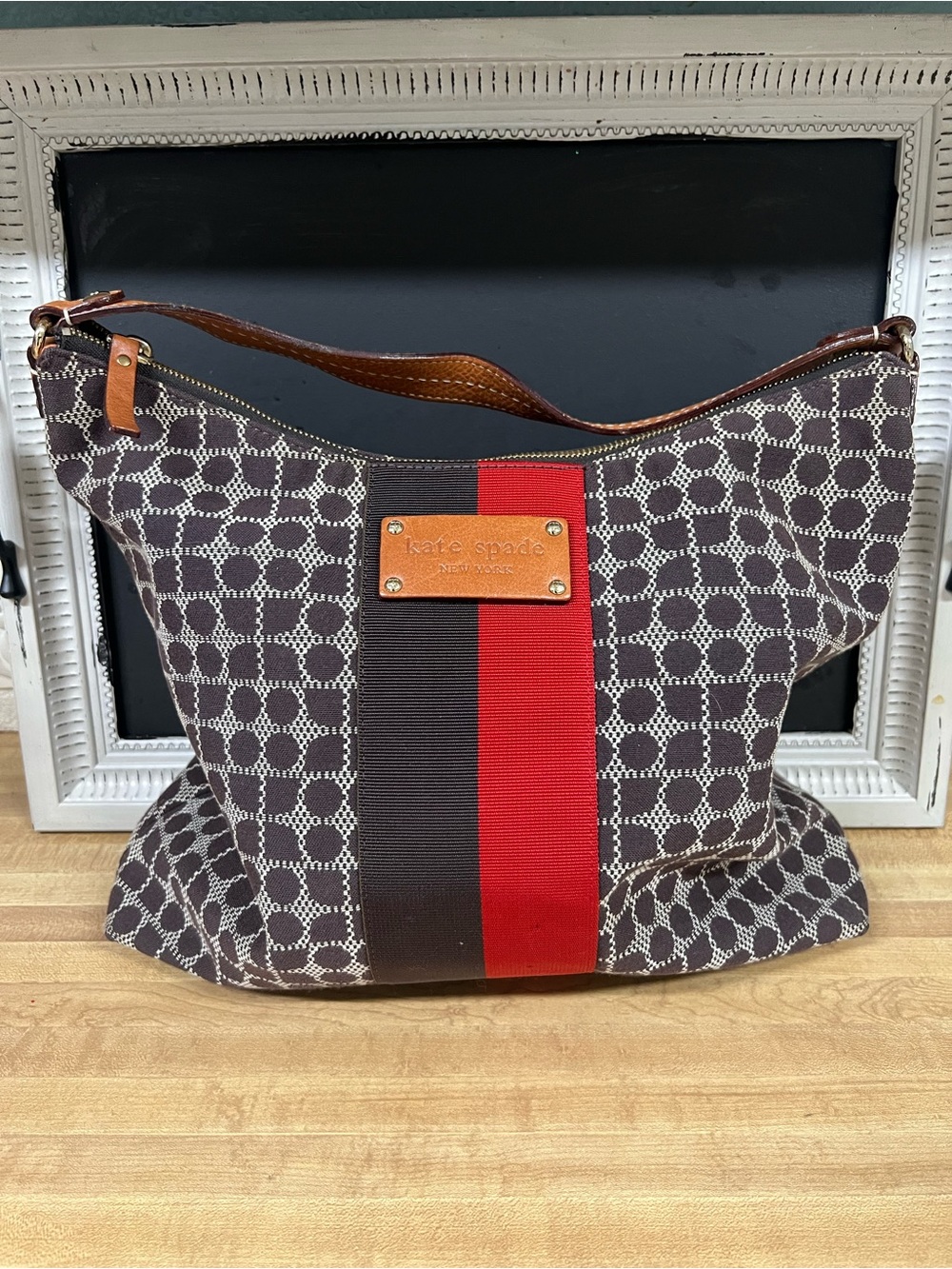 kate spade Brown Canvas Shoulder Bag with Red & Black Stripe